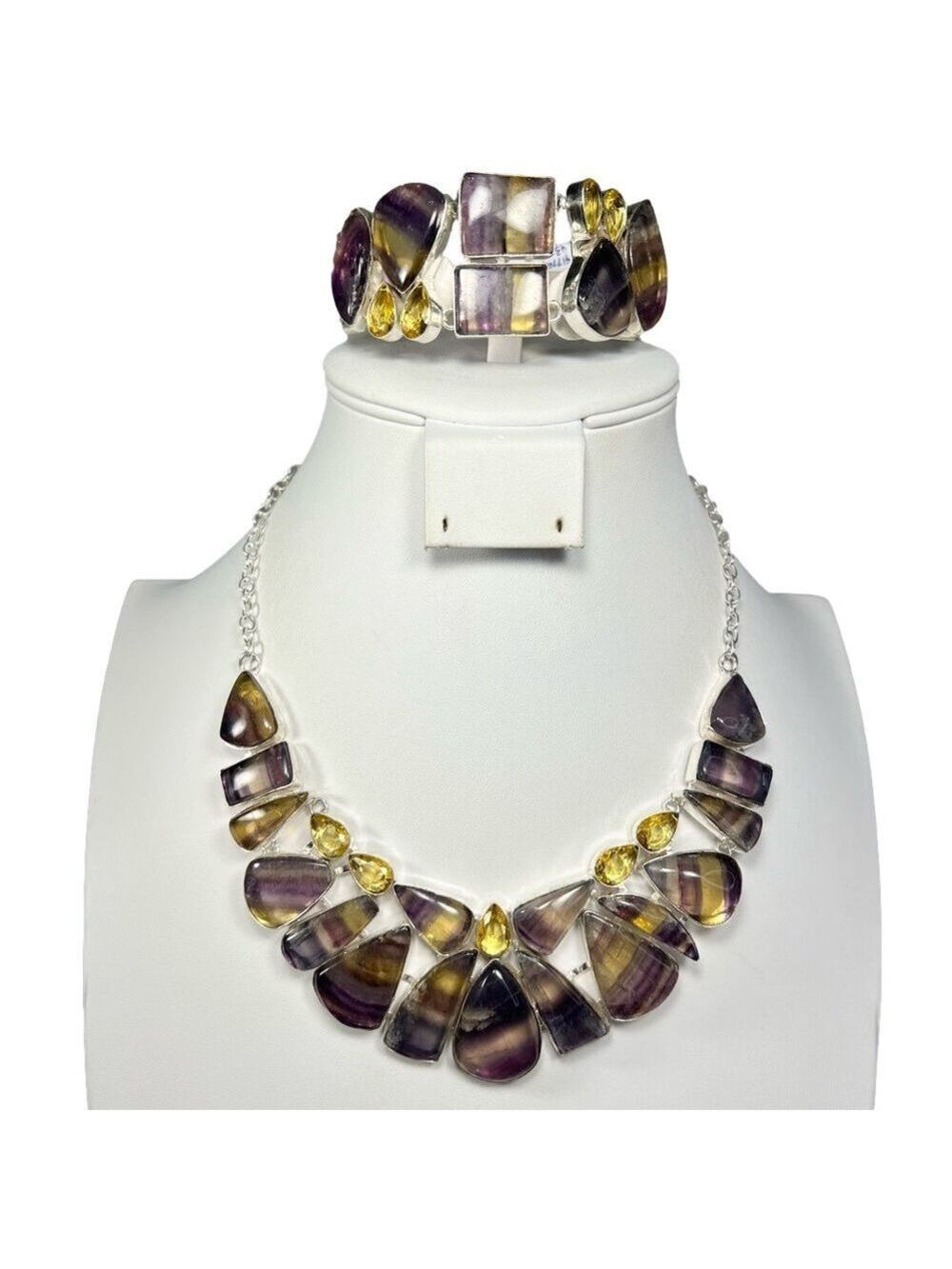 Fluorite 925 Large Gemstone Necklace & Bracelet